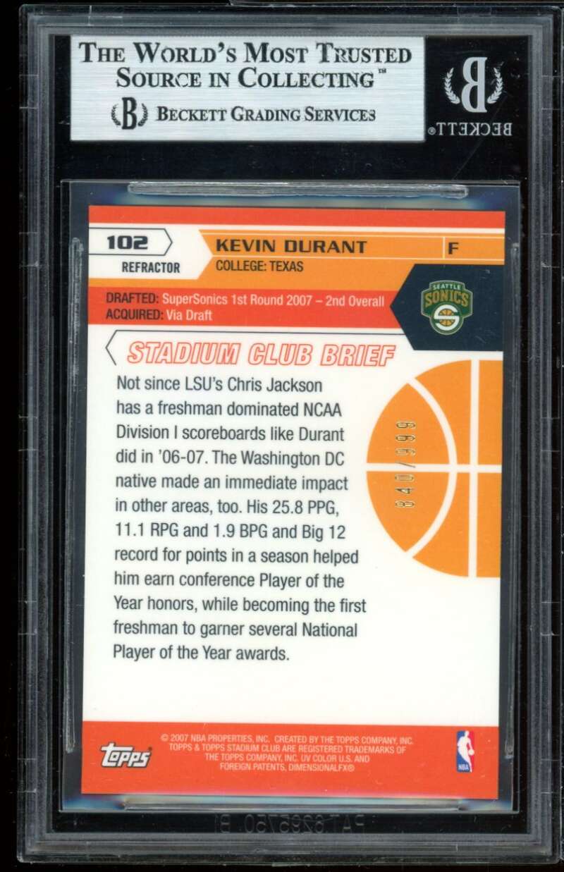 Kevin Durant Rookie 2007-08 Stadium Club Refractors #102 BGS 9 (9.5 9.5 10 8.5) Image 2