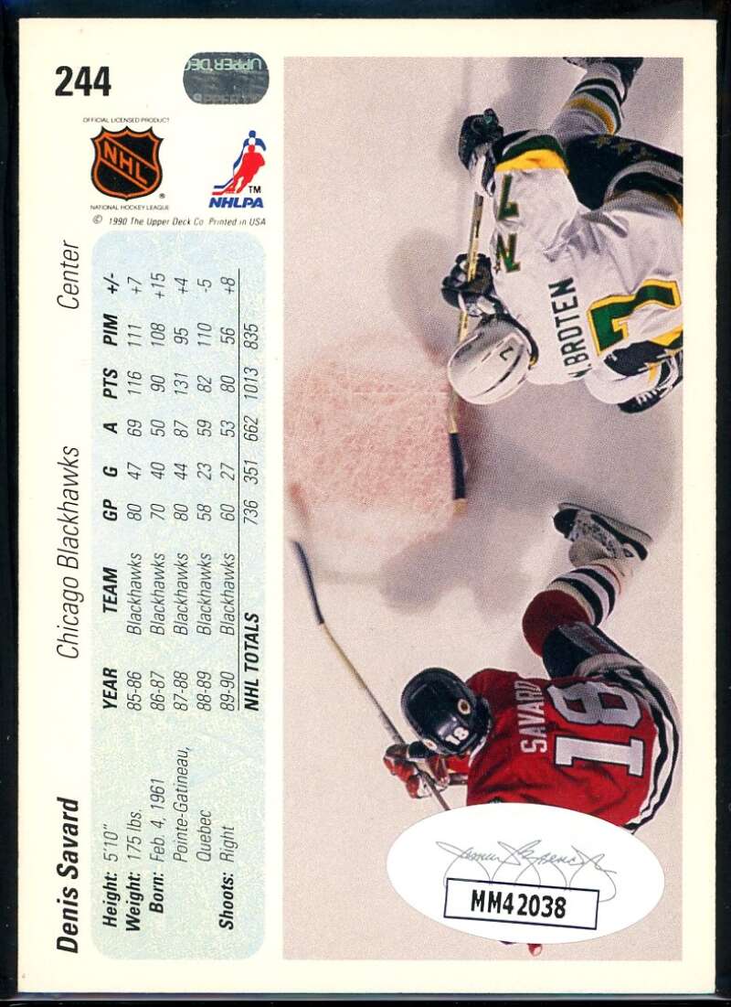 Denis Savard Card 1990-91 Upper Deck #244 Signed COA JSA Image 2