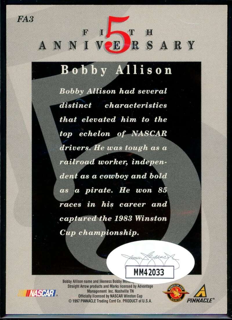 Bobby Allison Card 1997 Action Packed Fifth Anniversary Autographs #3 Signed JSA Image 2