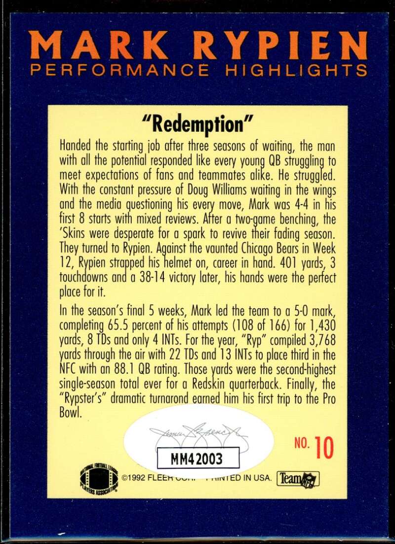 Mark Rypien/Redemption Card 1992 Fleer Mark Rypien #10 Signed COA JSA Image 2