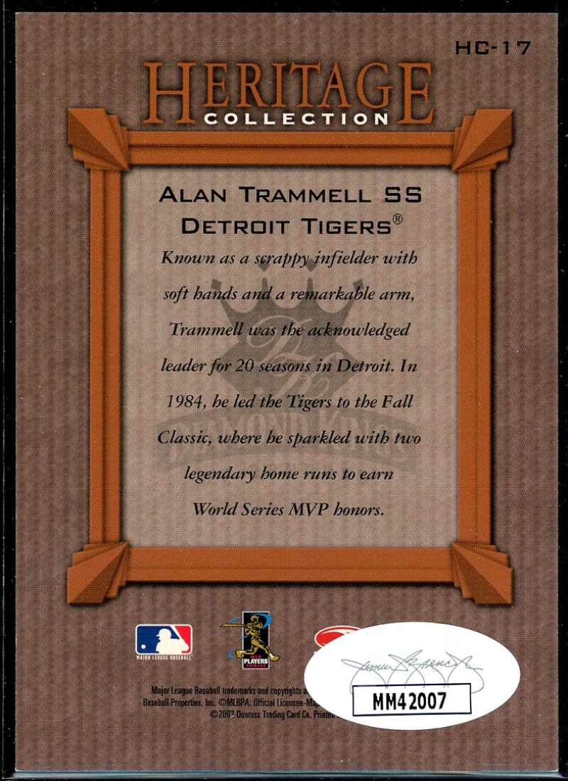 Alan Trammell Card 2002 Diamond Kings Heritage Collection #HC17 Signed COA JSA Image 2