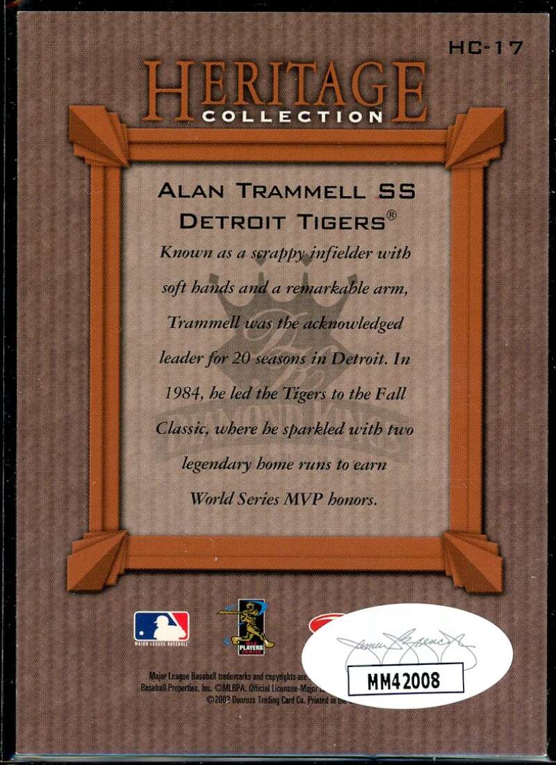 Alan Trammell Card 2002 Diamond Kings Heritage Collection #HC17 Signed COA JSA Image 2