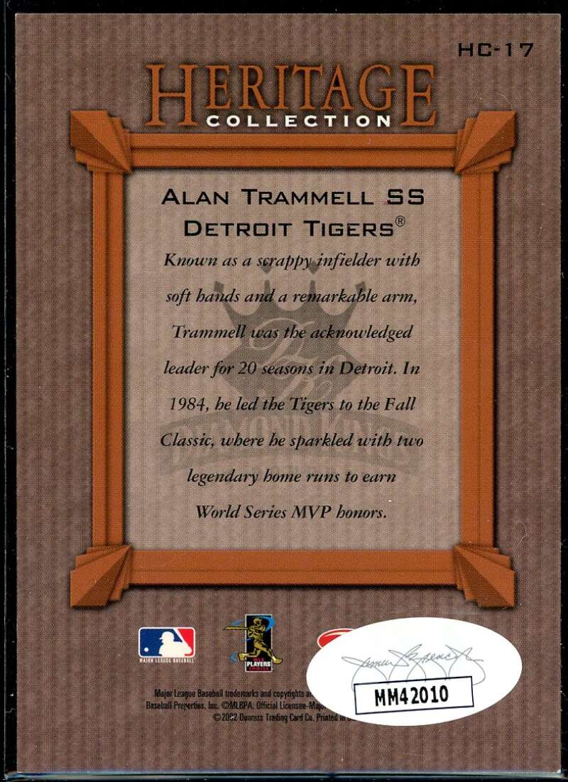 Alan Trammell Card 2002 Diamond Kings Heritage Collection #HC17 Signed COA JSA Image 2