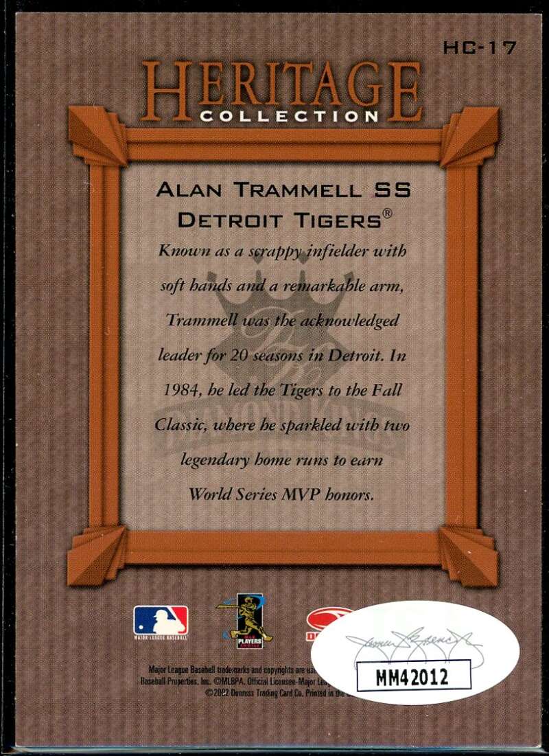 Alan Trammell Card 2002 Diamond Kings Heritage Collection #HC17 Signed COA JSA Image 2