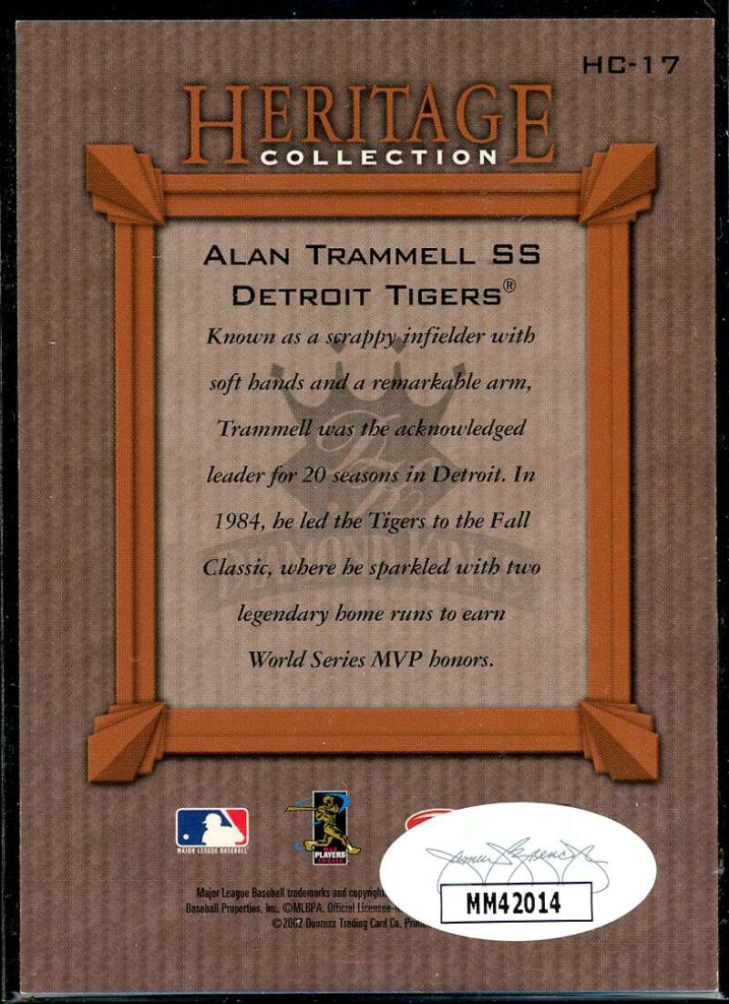 Alan Trammell Card 2002 Diamond Kings Heritage Collection #HC17 Signed COA JSA Image 2