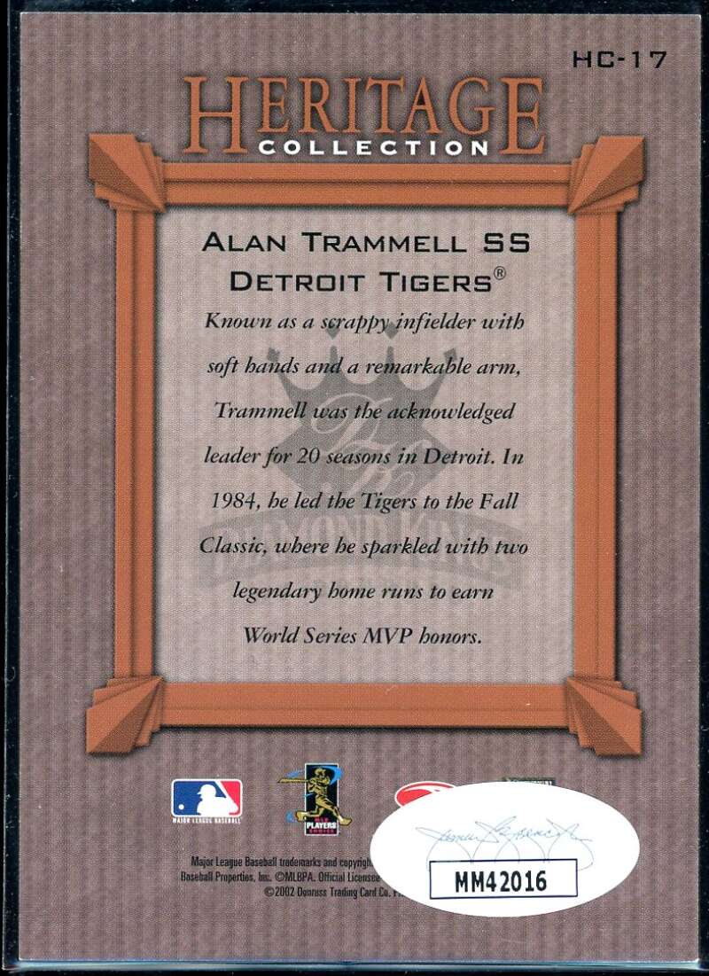 Alan Trammell Card 2002 Diamond Kings Heritage Collection #HC17 Signed COA JSA Image 2