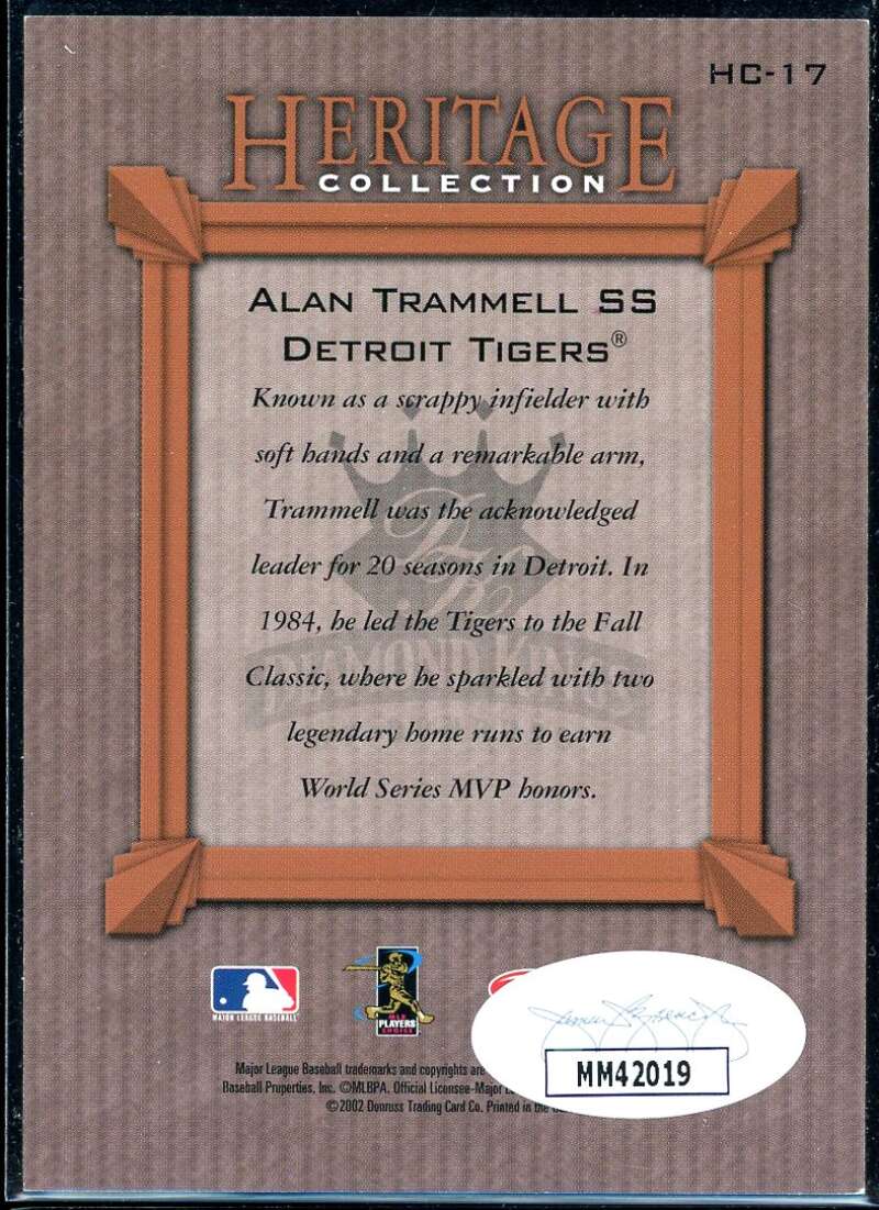 Alan Trammell Card 2002 Diamond Kings Heritage Collection #HC17 Signed COA JSA Image 2