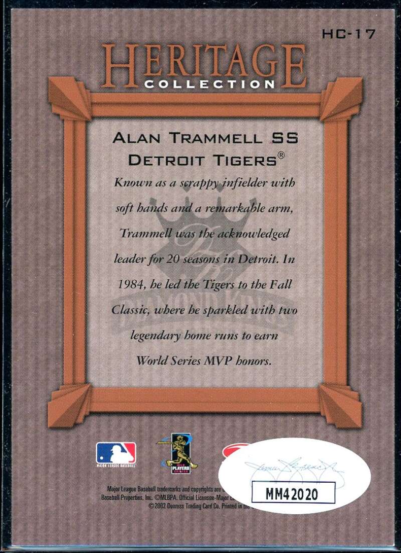 Alan Trammell Card 2002 Diamond Kings Heritage Collection #HC17 Signed COA JSA Image 2