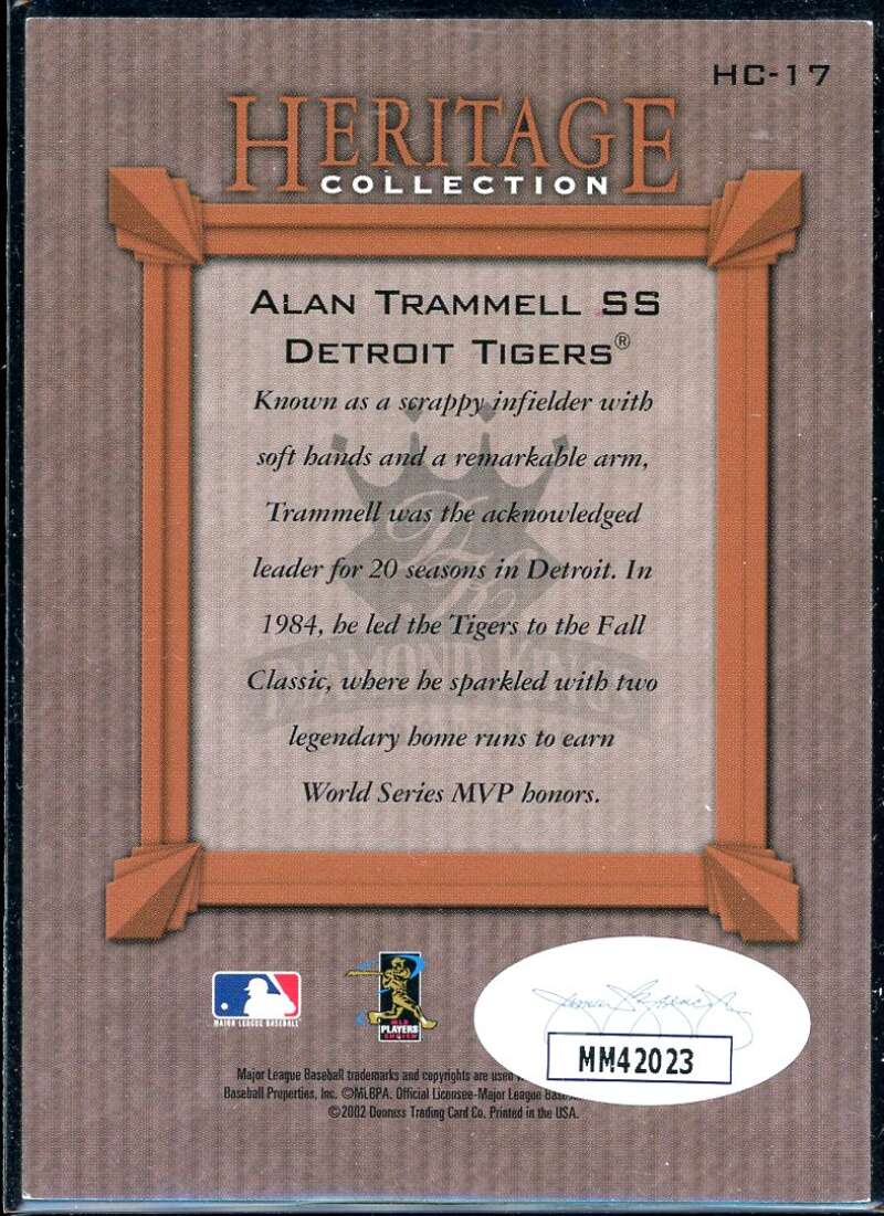 Alan Trammell Card 2002 Diamond Kings Heritage Collection #HC17 Signed COA JSA Image 2