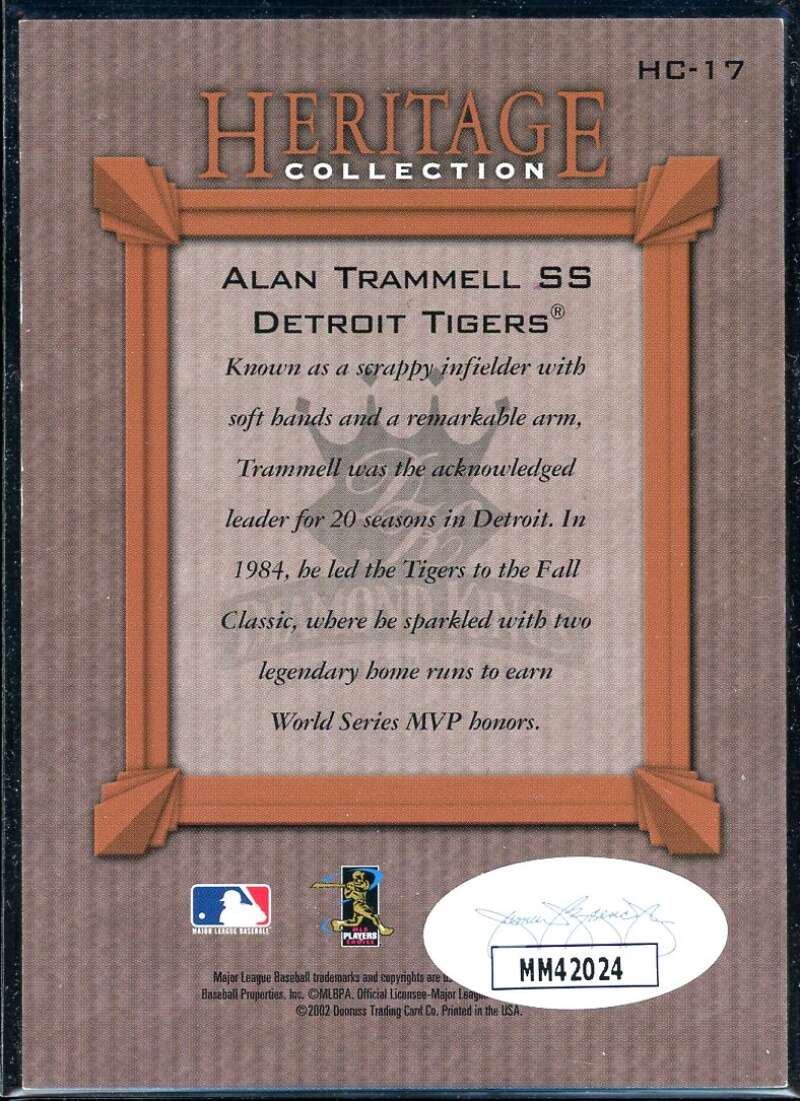 Alan Trammell Card 2002 Diamond Kings Heritage Collection #HC17 Signed COA JSA Image 2