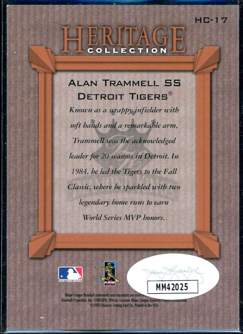 Alan Trammell Card 2002 Diamond Kings Heritage Collection #HC17 Signed COA JSA Image 2