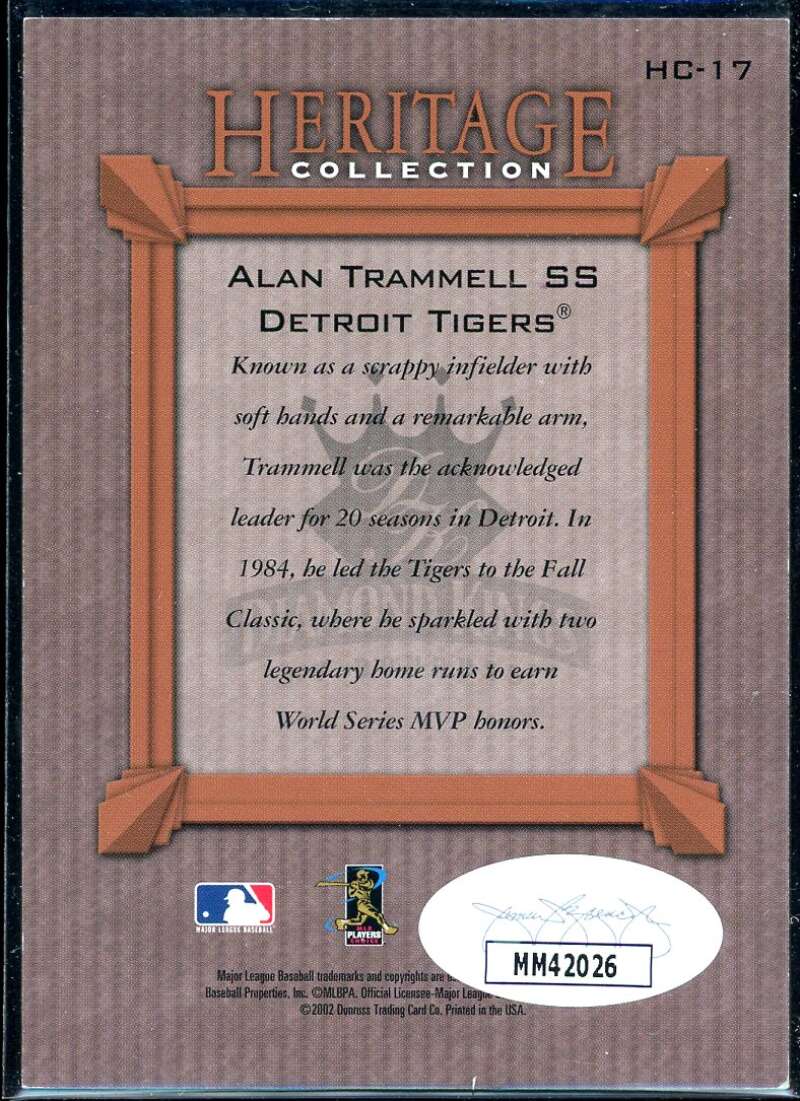 Alan Trammell Card 2002 Diamond Kings Heritage Collection #HC17 Signed COA JSA Image 2