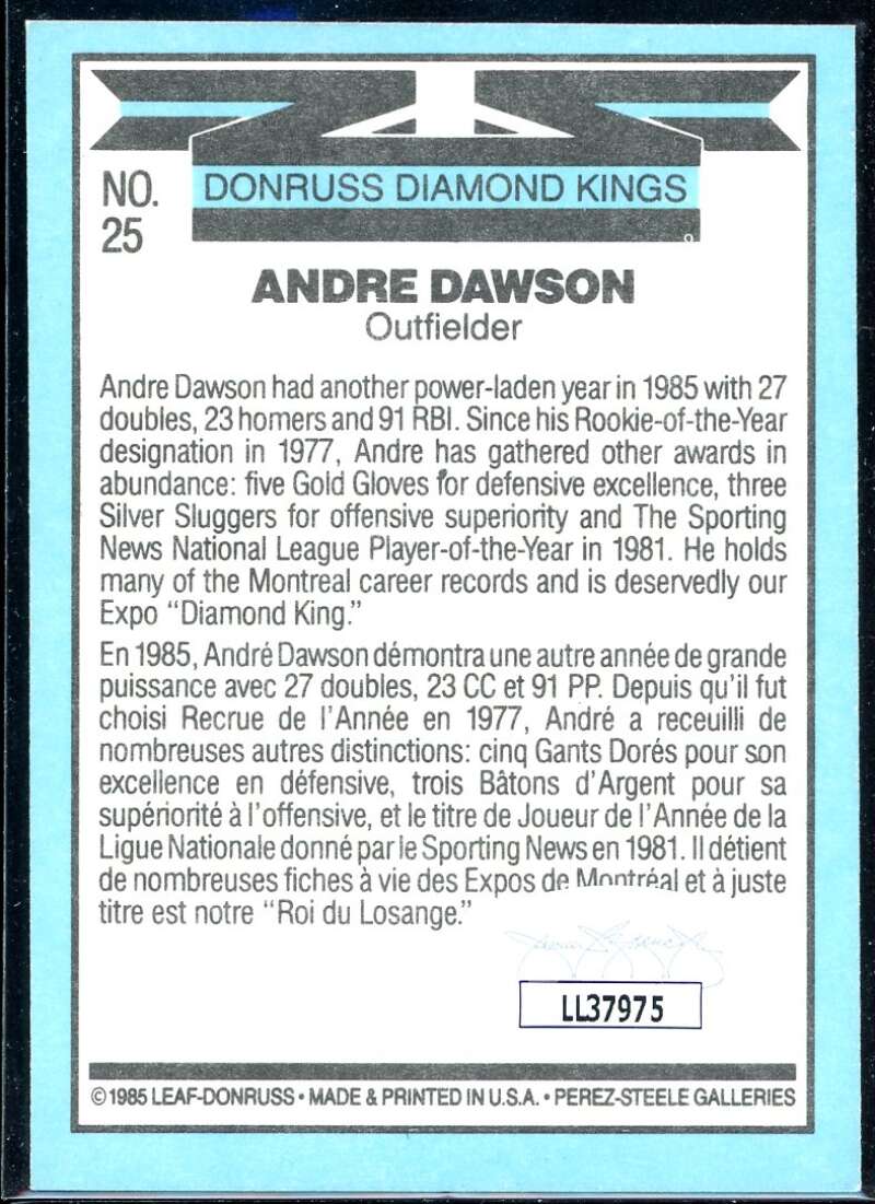 Andre Dawson DK Card 1986 Donruss #25 Signed COA JSA Image 2