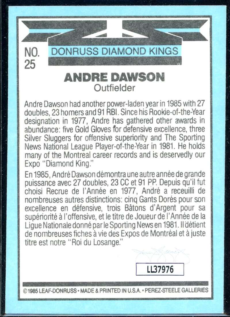 Andre Dawson DK Card 1986 Donruss #25 Signed COA JSA Image 2