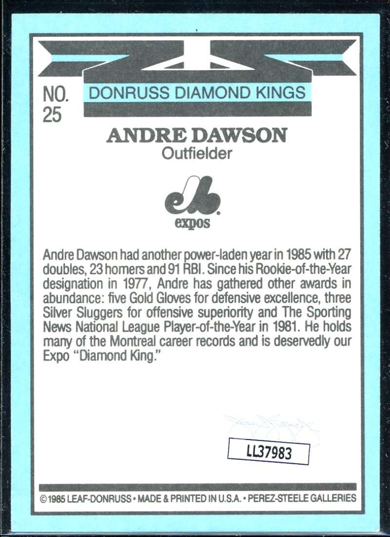 Andre Dawson DK Card 1986 Donruss #25 Signed COA JSA Image 2