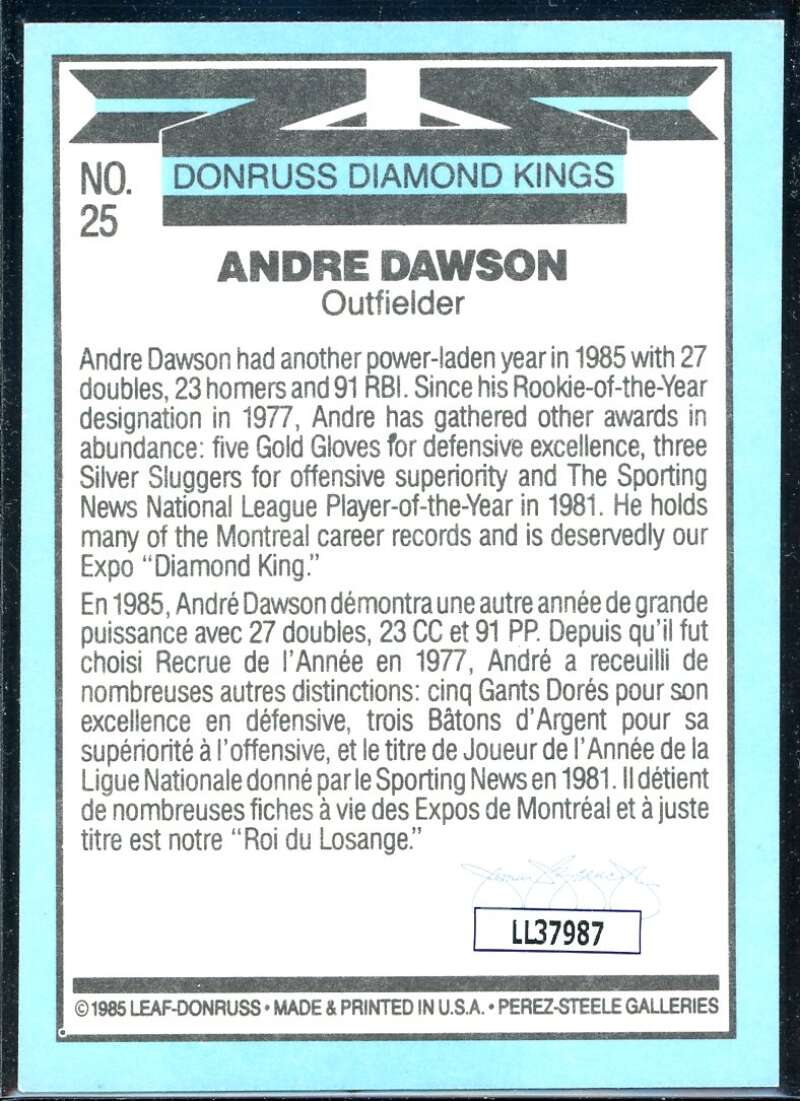 Andre Dawson DK Card 1986 Donruss #25 Signed COA JSA Image 2