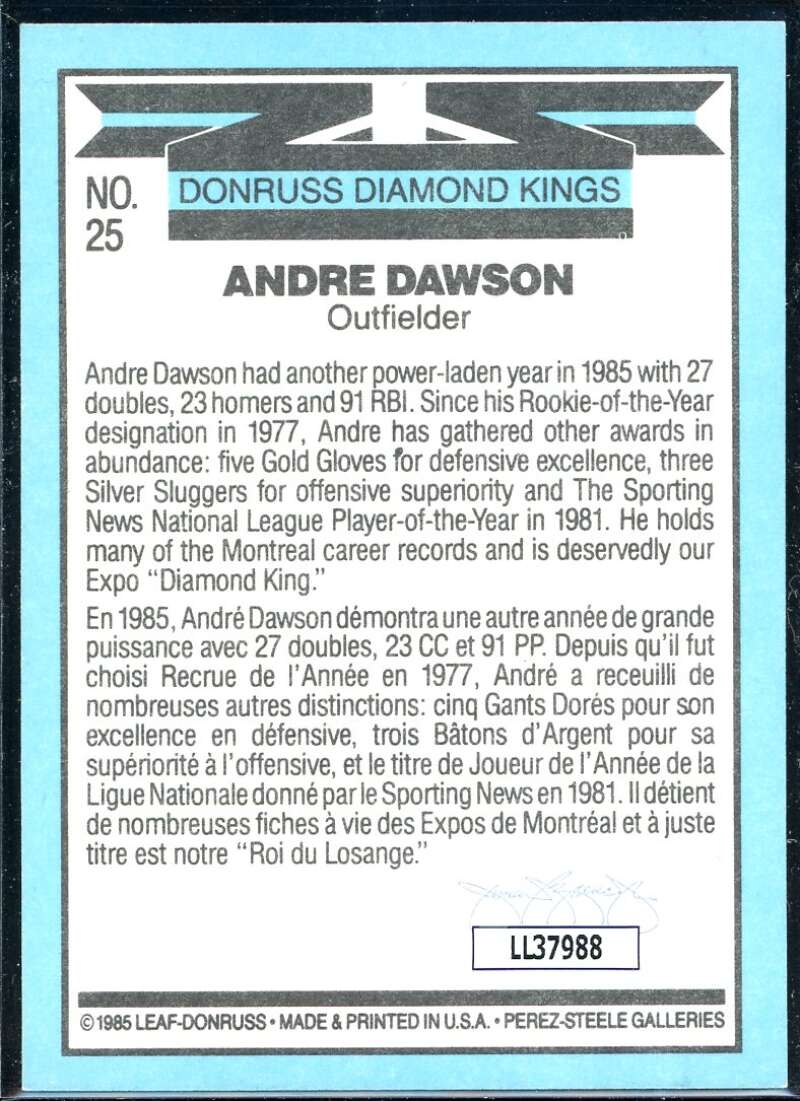 Andre Dawson DK Card 1986 Donruss #25 Signed COA JSA Image 2