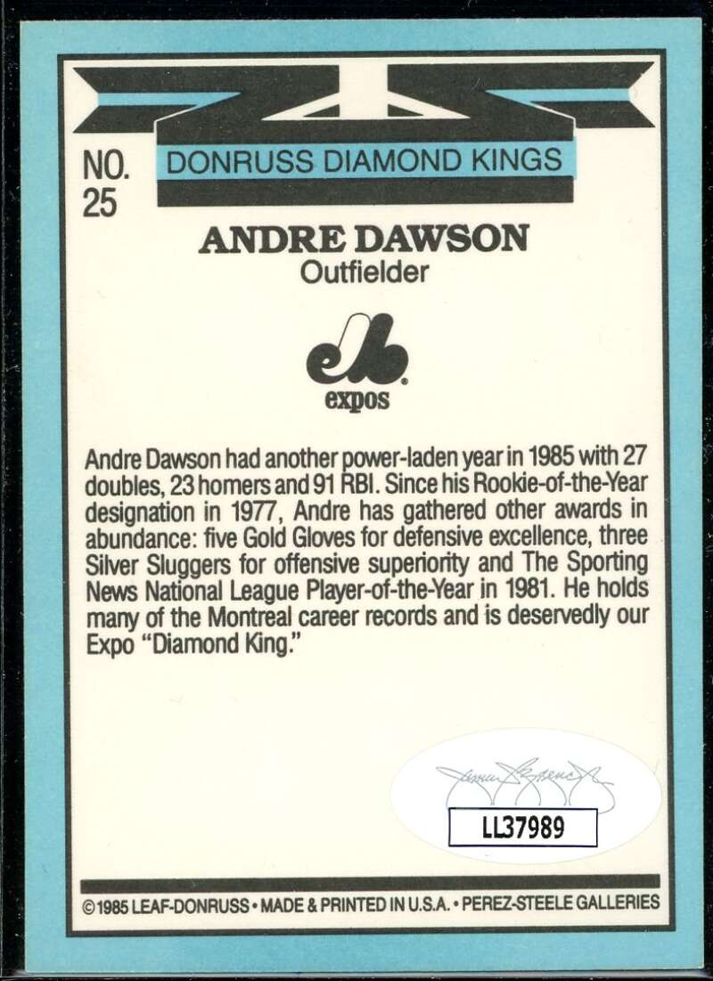 Andre Dawson DK Card 1986 Donruss #25 Signed COA JSA Image 2