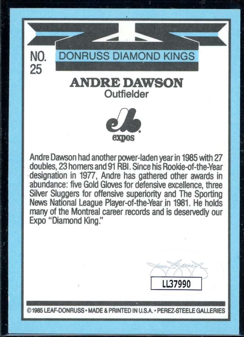 Andre Dawson DK Card 1986 Donruss #25 Signed COA JSA Image 2