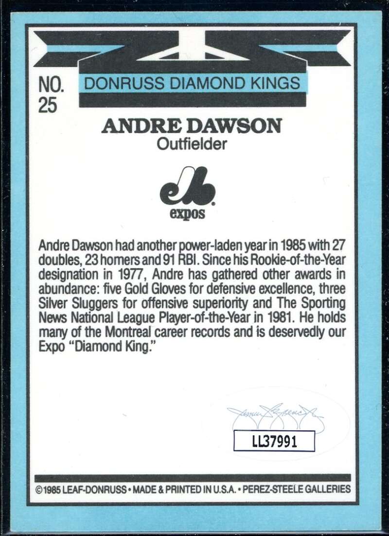 Andre Dawson DK Card 1986 Donruss #25 Signed COA JSA Image 2