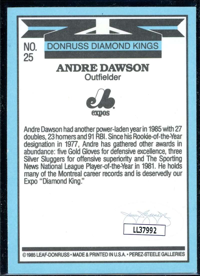 Andre Dawson DK Card 1986 Donruss #25 Signed COA JSA Image 2