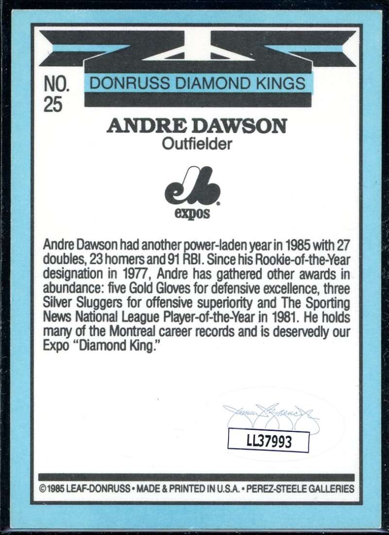 Andre Dawson DK Card 1986 Donruss #25 Signed COA JSA Image 2