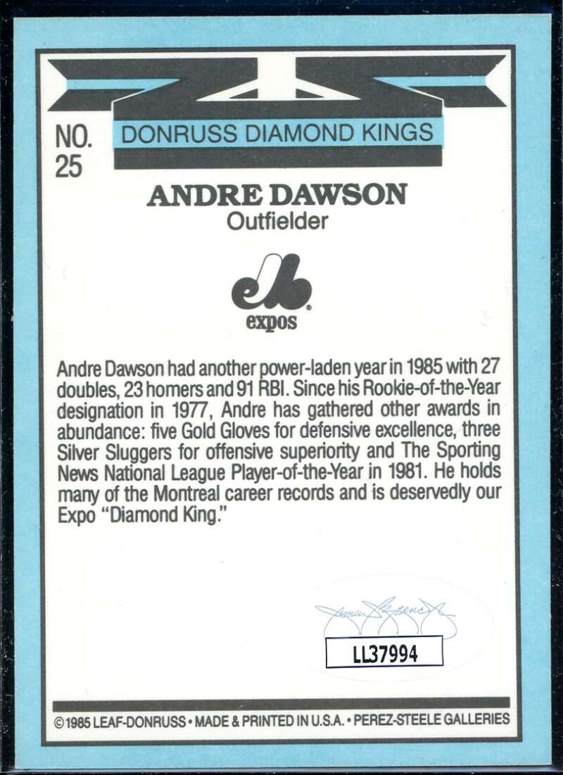 Andre Dawson DK Card 1986 Donruss #25 Signed COA JSA Image 2