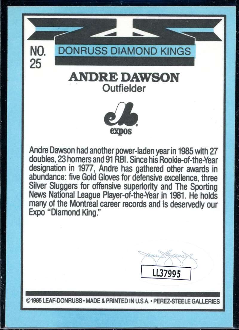 Andre Dawson DK Card 1986 Donruss #25 Signed COA JSA Image 2