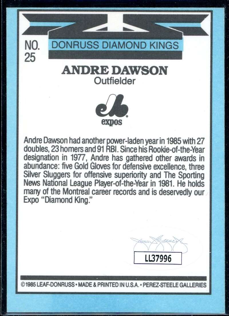 Andre Dawson DK Card 1986 Donruss #25 Signed COA JSA Image 2