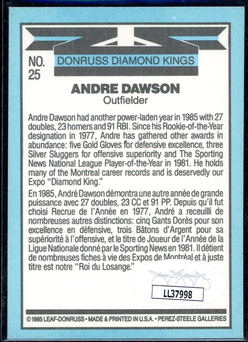 Andre Dawson DK Card 1986 Donruss #25 Signed COA JSA Image 2