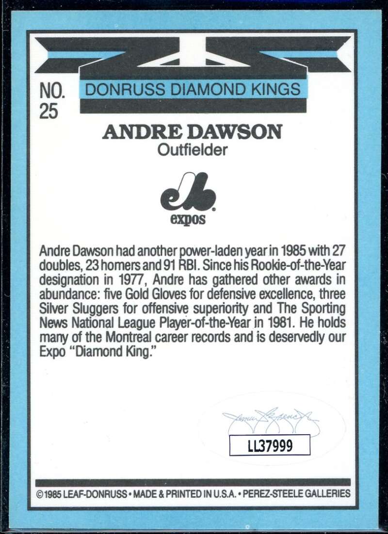 Andre Dawson DK Card 1986 Donruss #25 Signed COA JSA Image 2