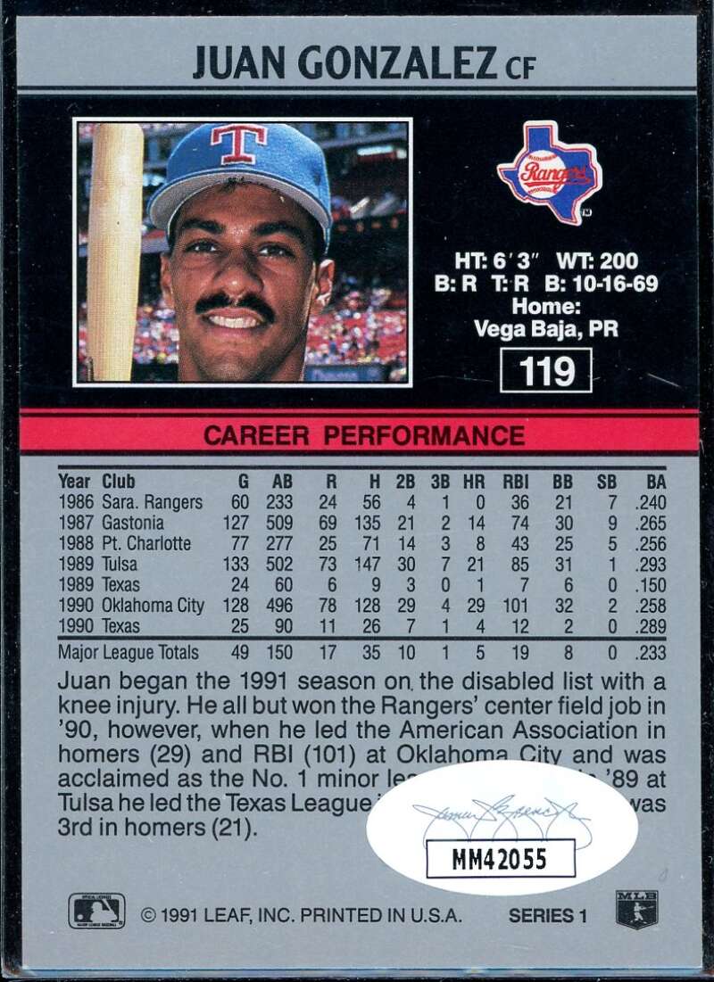 Juan Gonzalez Card 1991 Leaf #119 Signed COA JSA Image 2