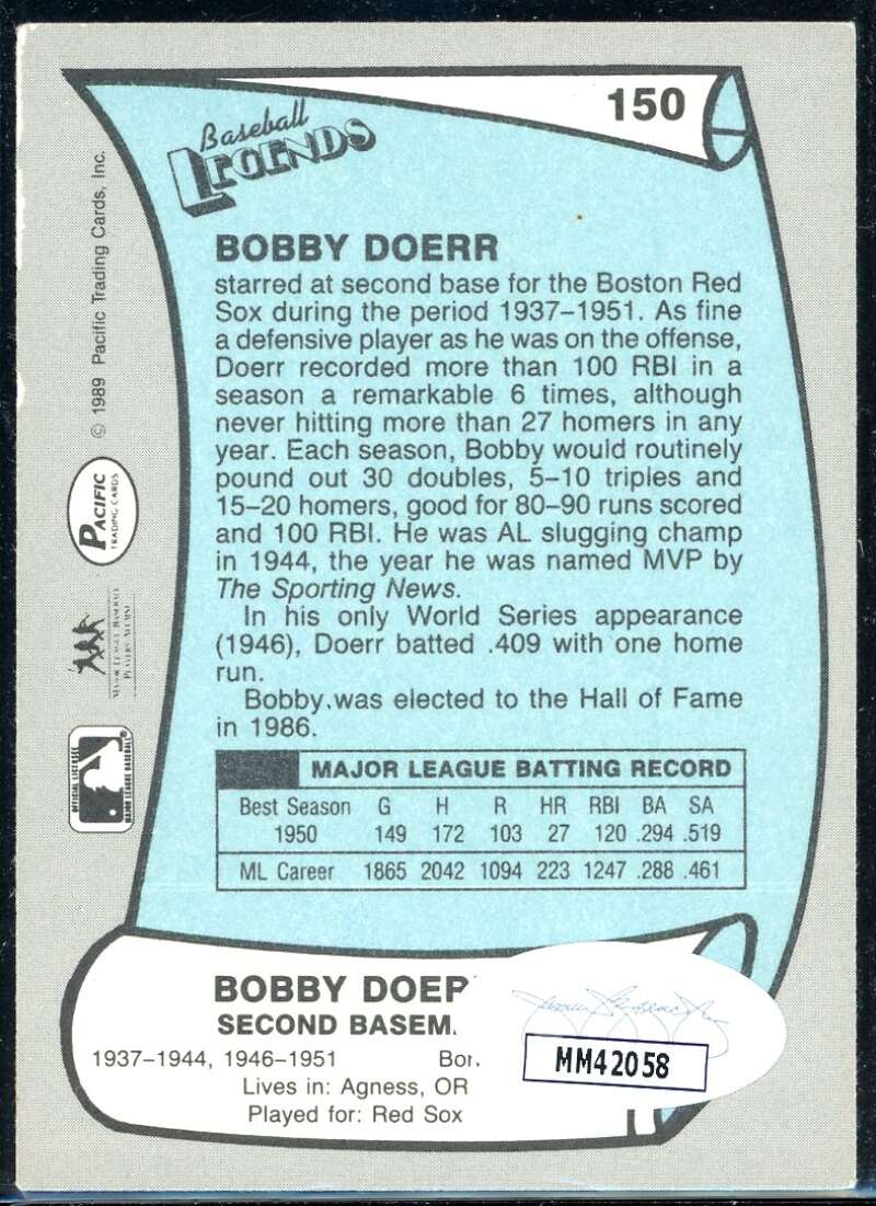 Bobby Doerr Card 1989 Pacific Legends II #150 Signed COA JSA Image 2