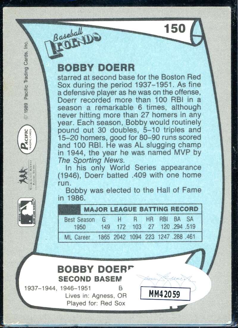 Bobby Doerr Card 1989 Pacific Legends II #150 Signed COA JSA Image 2