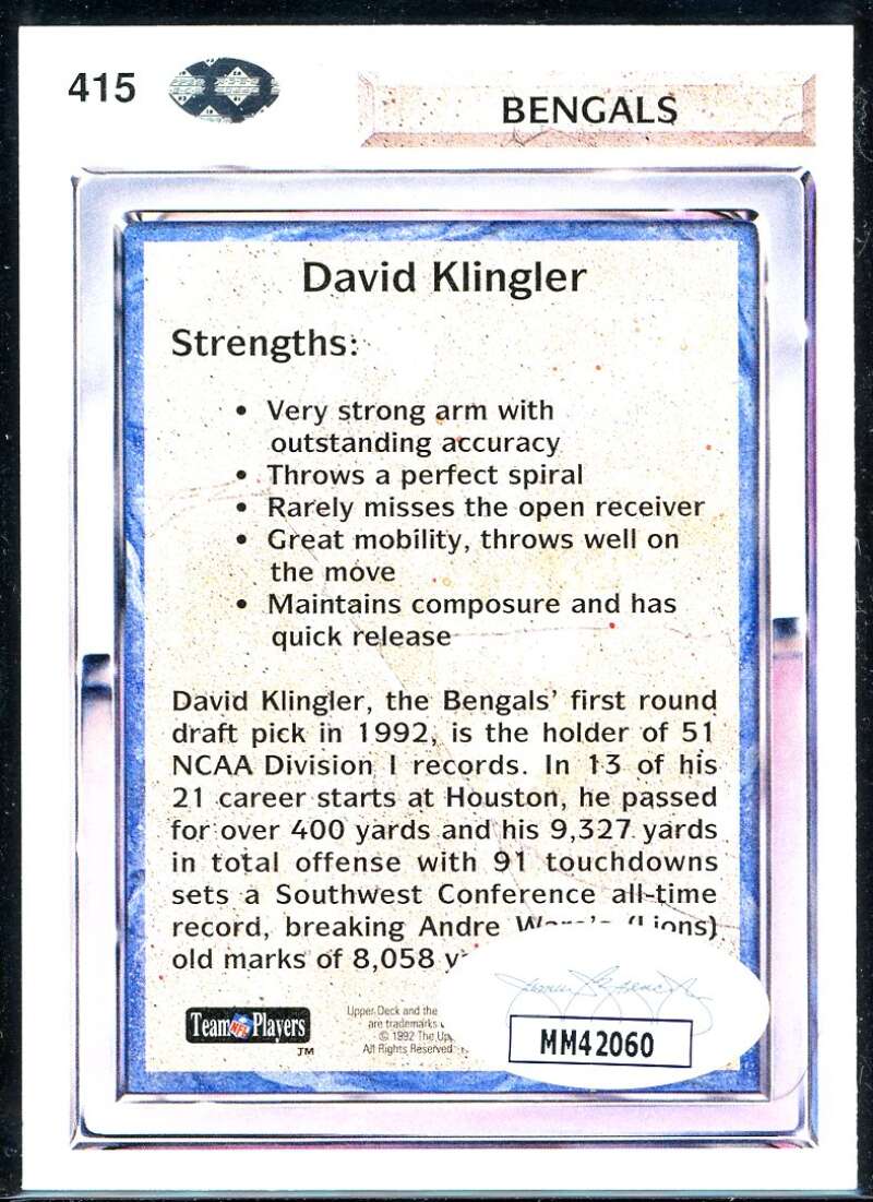 David Klingler Card 1992 Upper Deck #415 Signed COA JSA Image 2