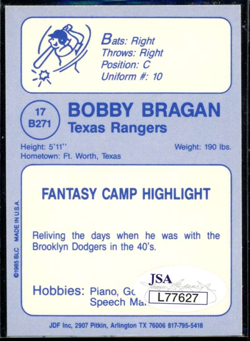 Bobby Bragan Manager Card 1985 Texas Rangers #B271 Signed COA JSA Image 2