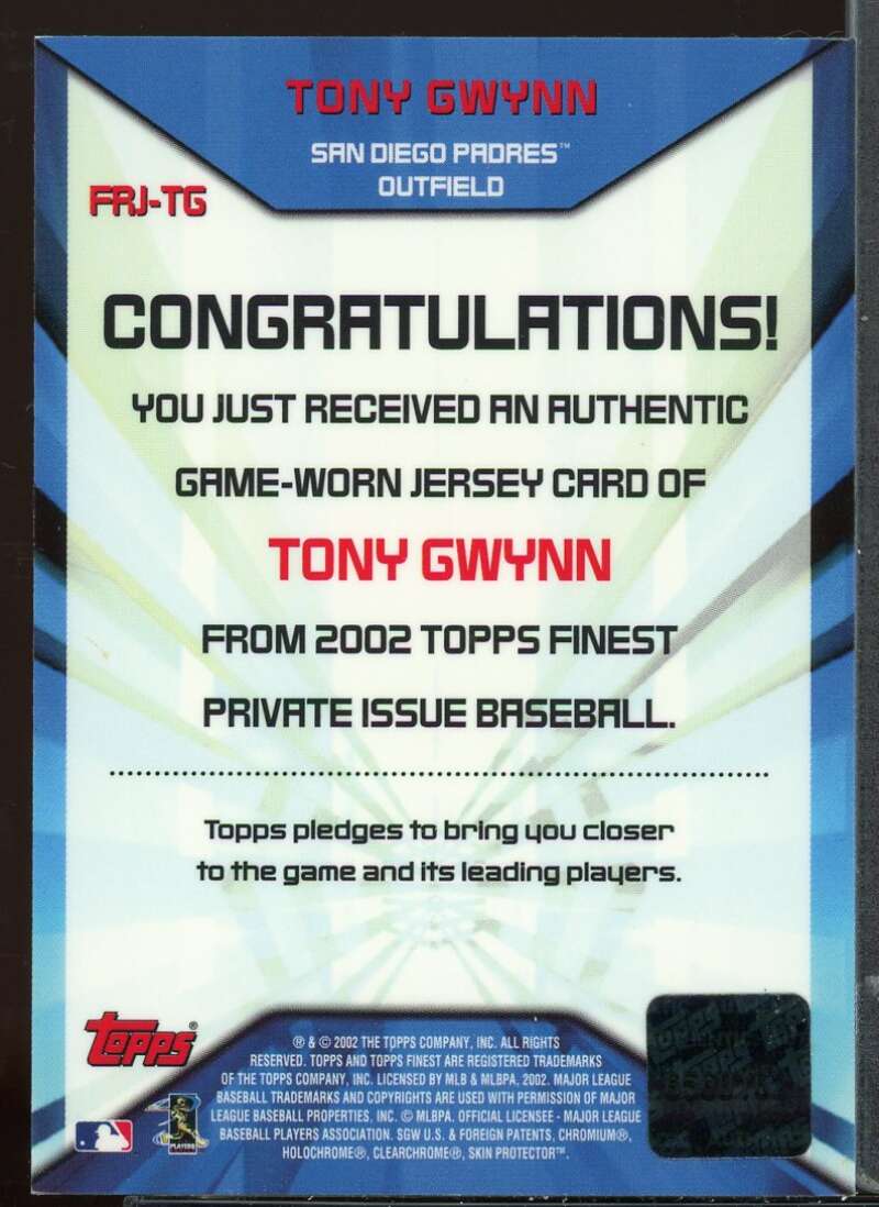 Tony Gwynn Card 2002 Finest Jersey Relics #FJRTG Image 2