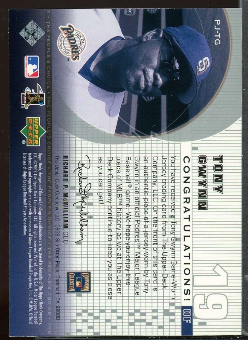 Tony Gwynn Card 2002 Upper Deck Peoples Choice Game Jersey #PJTG Image 2