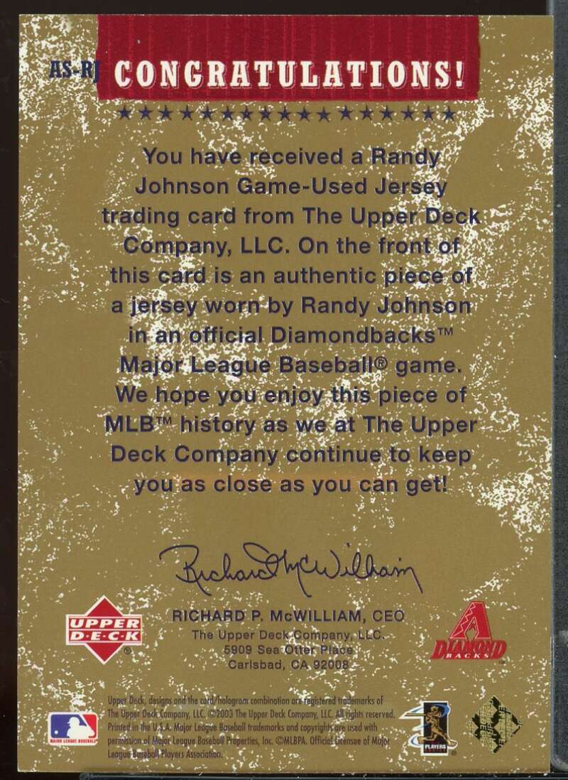 Randy Johnson Card 2004 Upper Deck Authentic Stars Jersey Gold #RJ Image 2