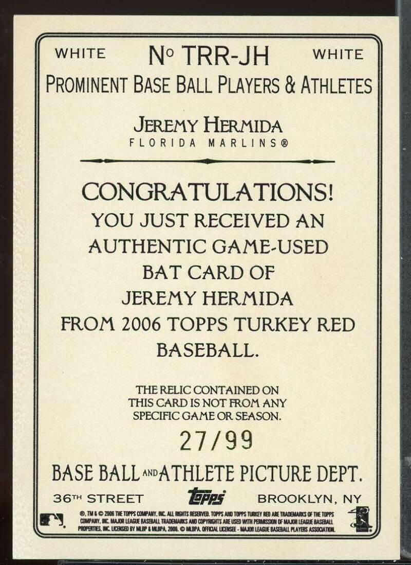 Jeremy Hermida Bat Card 2006 Topps Turkey Red Relics White #JH Image 2