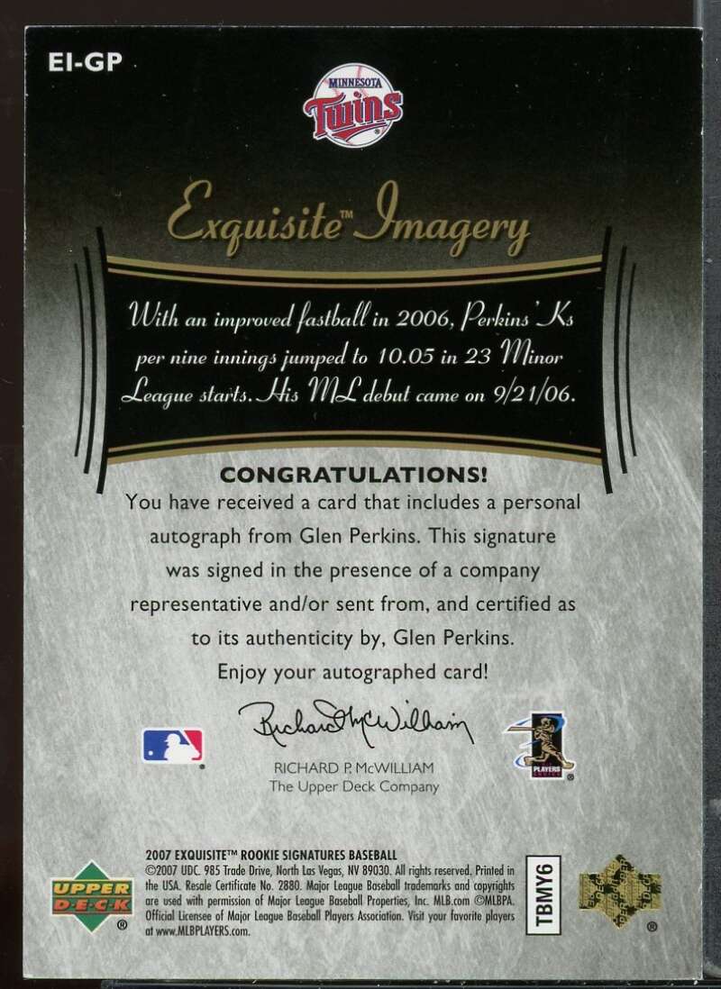 Glen Perkins 2007 Exquisite Collection Rookie Sig Imagery Autographs Gold #GP Image 2