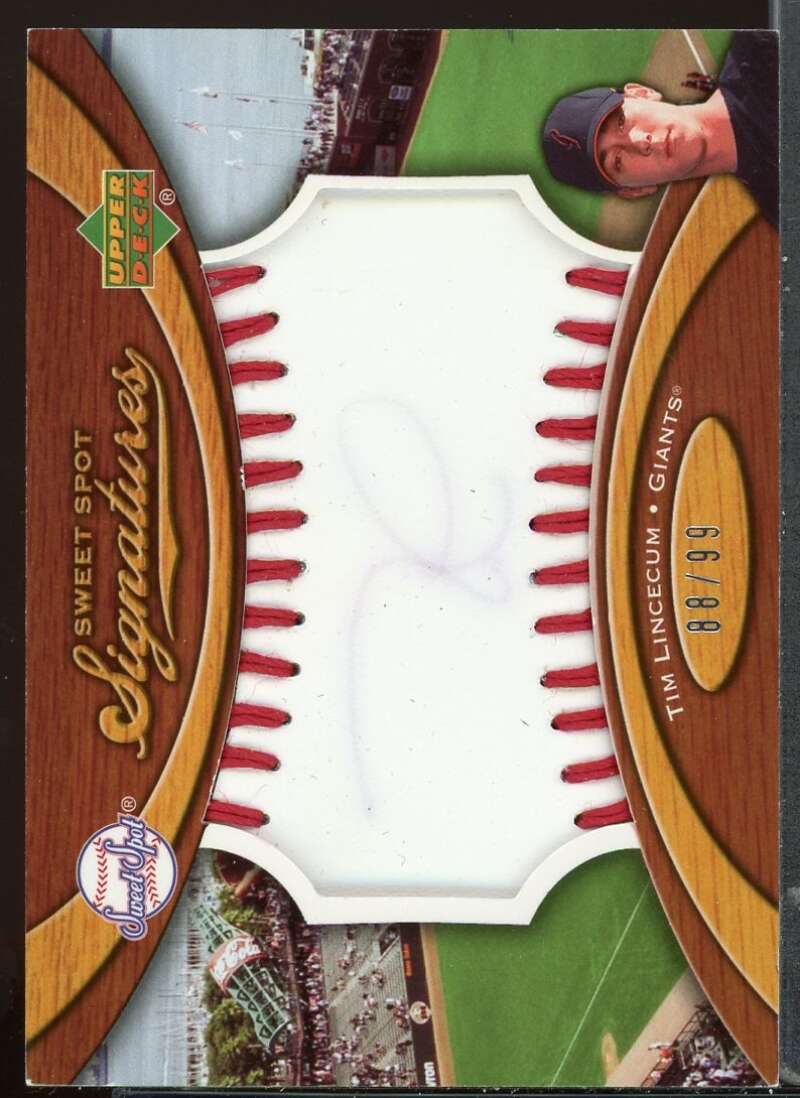 Tim Lincecum Rookie 2007 Sweet Spot Signatures Red Stitch Blue Ink #SSTL /99 Image 1