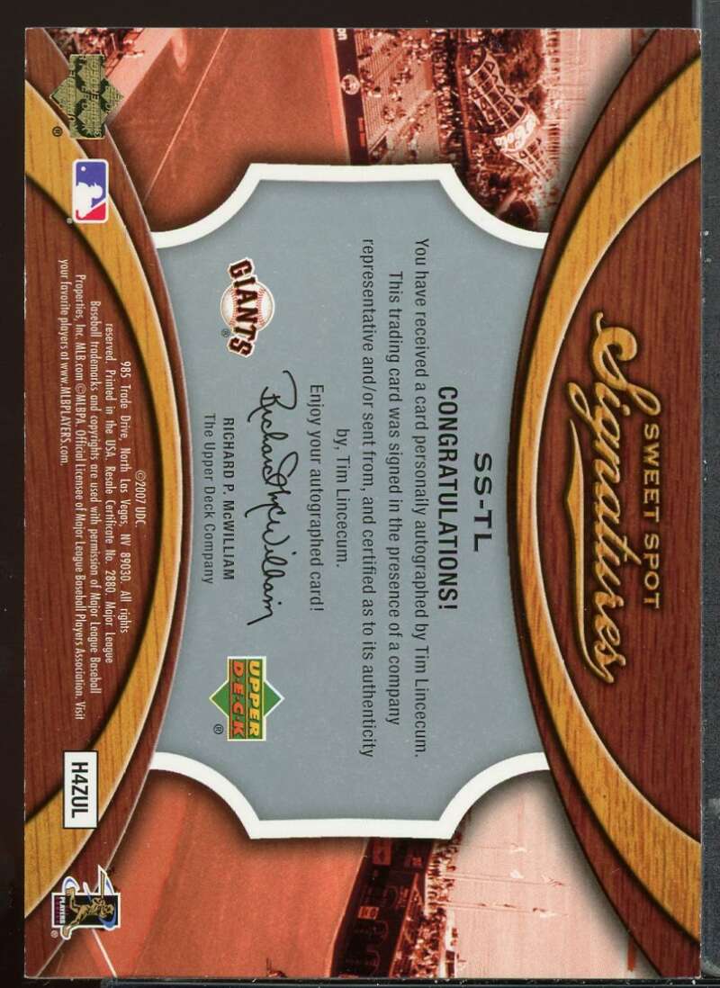 Tim Lincecum Rookie 2007 Sweet Spot Signatures Red Stitch Blue Ink #SSTL /99 Image 2