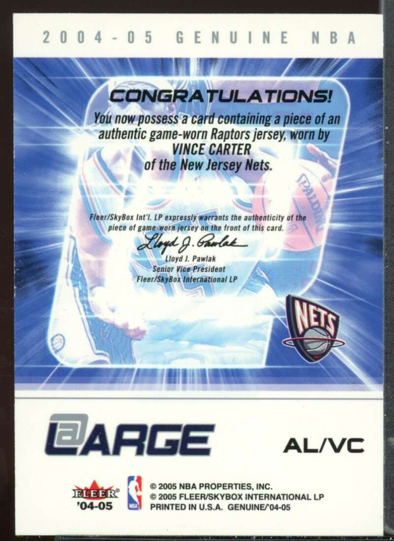 Vince Carter Card 2004-05 Fleer Genuine At Large Game Used #VC Image 2