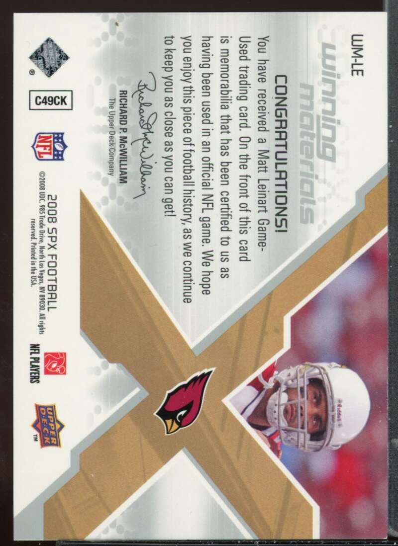 Matt Leinart Card 2008 SPx Winning Materials NFL Dual 50 #WMLE Image 2