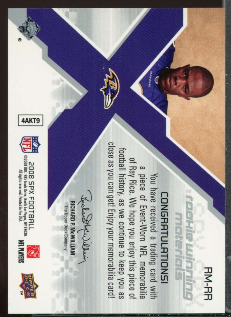 Ray Rice Card 2008 SPx Rookie Materials SPX Triple 99 #RMRR Image 2