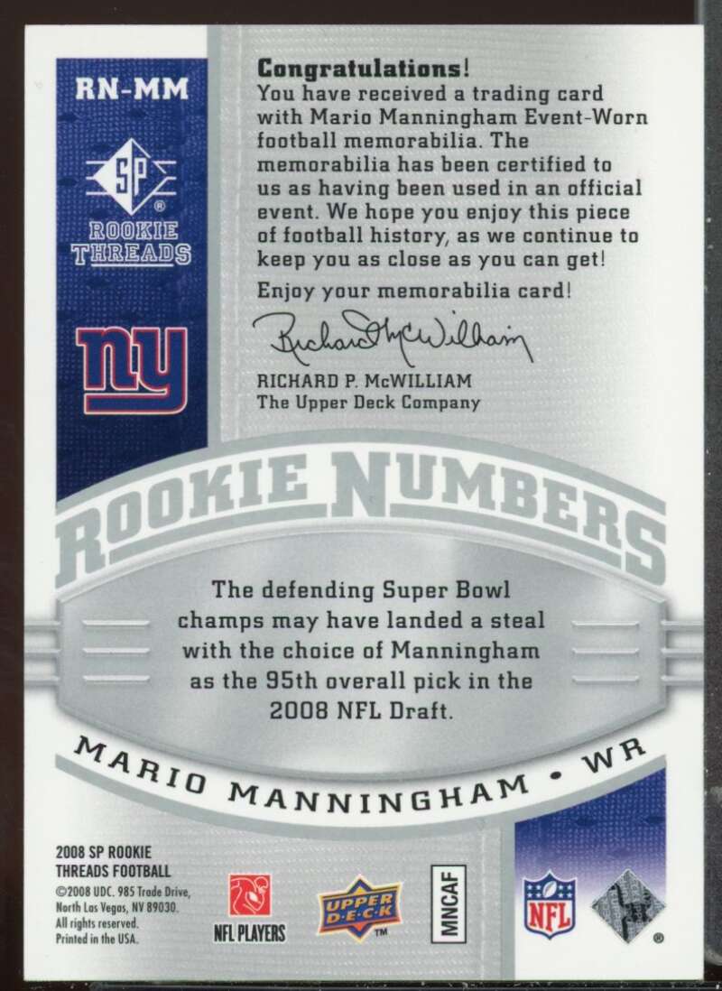 Mario Manningham Card 2008 SP Rookie Threads Rookie Numbers Holofoil 30 #RNMM Image 2