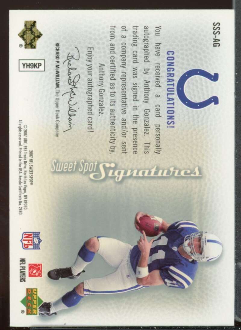 Anthony Gonzalez Card 2007 Sweet Spot Signatures Silver 99 #AG Image 2