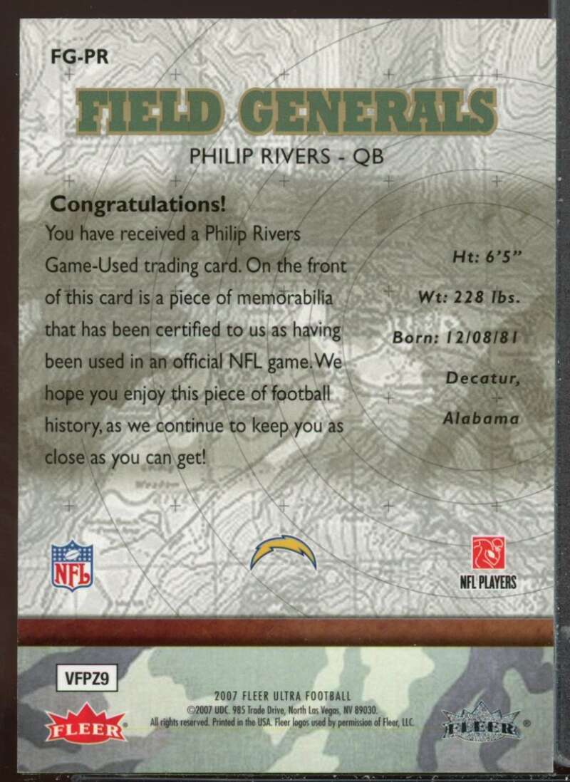 Philip Rivers Card 2007 Ultra Field Generals Jerseys #PR Image 2