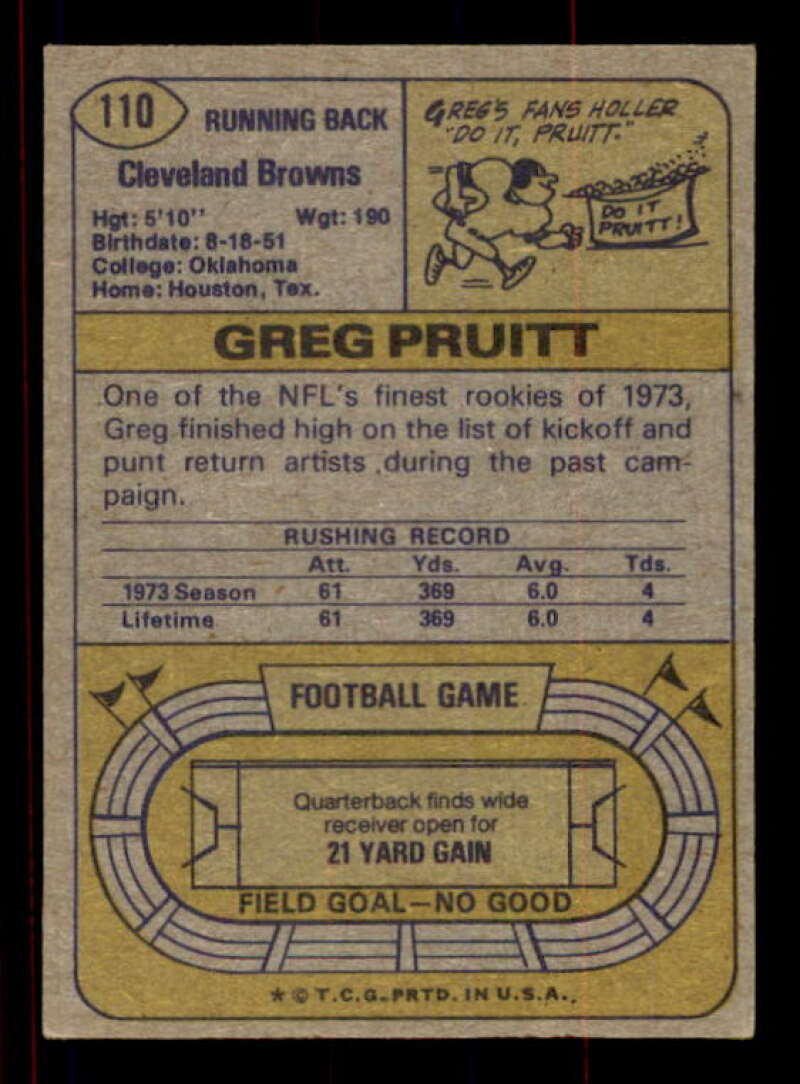 Greg Pruitt Rookie Card 1974 Topps #110 Image 2